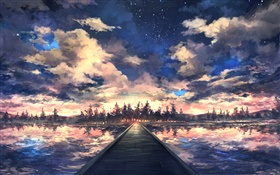 Pont, rivière, arbres, ciel, nuages, coucher de soleil, dessin d'art HD Fonds d'écran
