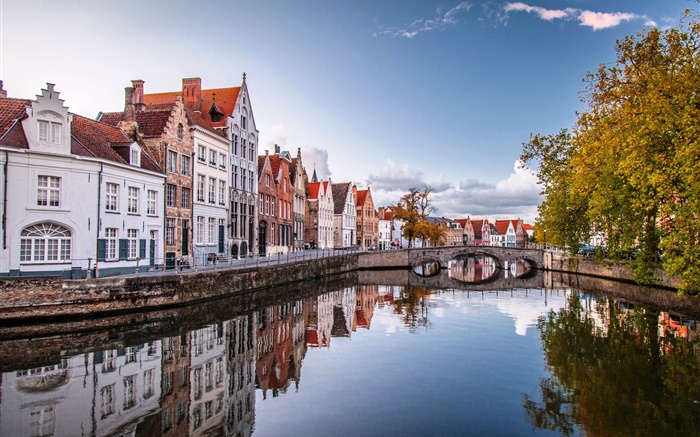 Brugge, Belgique, ville, maisons, pont, rivière, arbres Fonds d'écran, image