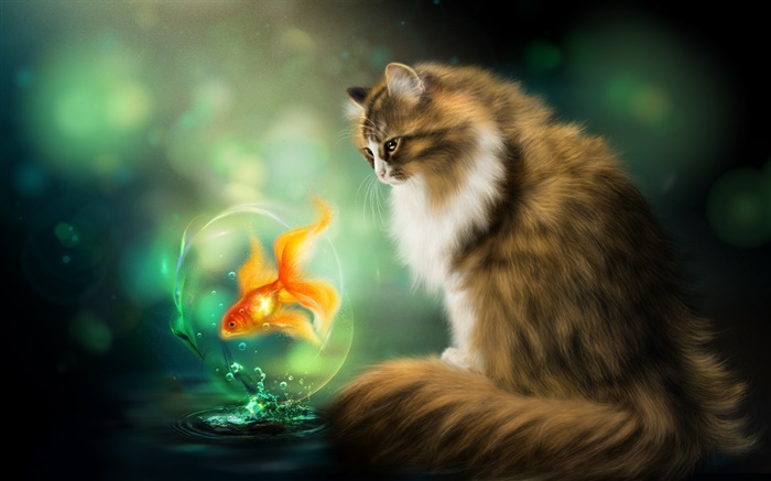 Chat et poisson rouge, dessin d'art Fonds d'écran, image