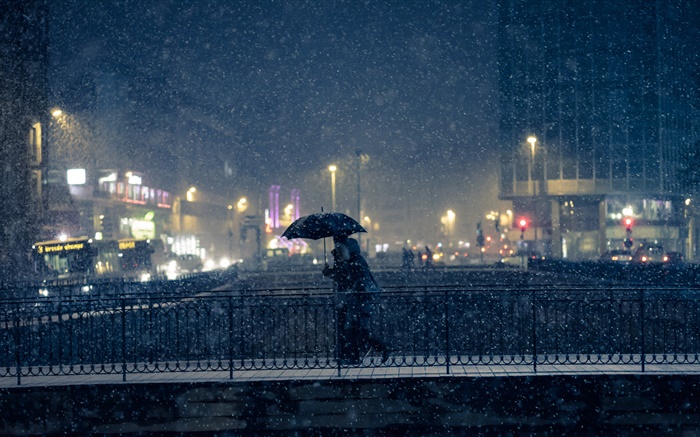 nuit de la ville, les lumières, l'hiver, la neige, le pont, les gens, parapluie Fonds d'écran, image