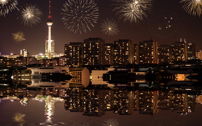 Paysage urbain, nuit, bâtiments, lumières, rivière, Berlin, Allemagne Fonds d'écran, image