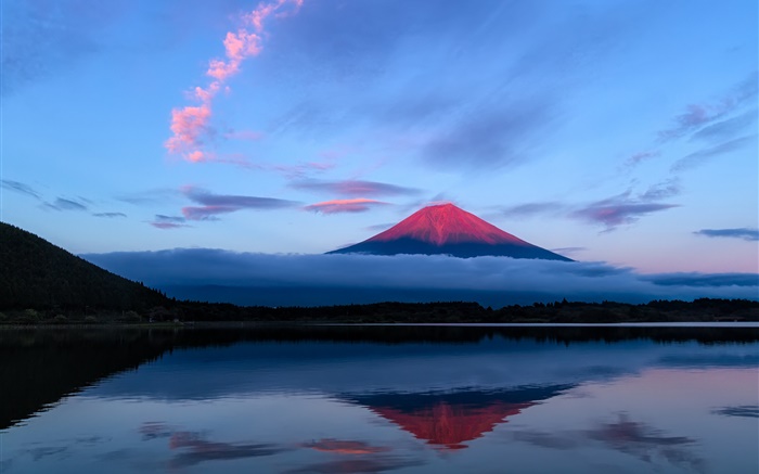 Japon, montagne Fuji au soir, lac, réflexion de l'eau Fonds d'écran, image
