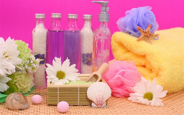 SPA, fleurs, sel, serviette, bouteille Fonds d'écran, image