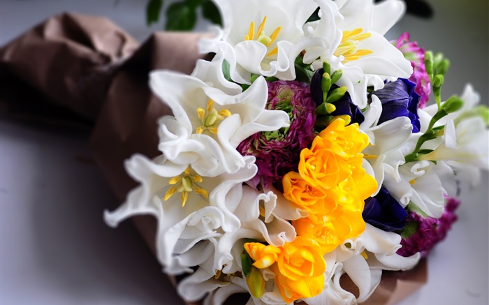 Bouquet, fleurs, blanc, jaune, tulipes Fonds d'écran, image