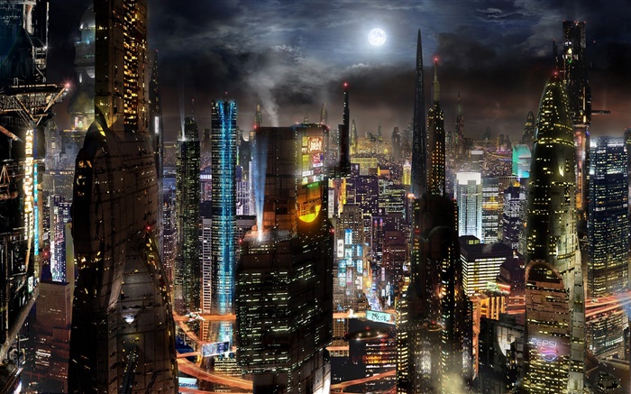 Futur, ville, gratte-ciel, bâtiments, route, nuit, sci-fi ... Fonds d'écran, image
