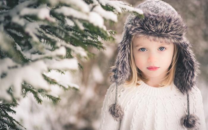 Hiver, enfant, girl, neige, chapeau, chandail, Arbres Fonds d'écran, image