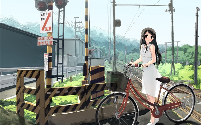 Anime fille, chemin de fer, vélo, lignes électriques Fonds d'écran, image