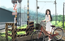 Anime fille, chemin de fer, vélo, lignes électriques HD Fonds d'écran
