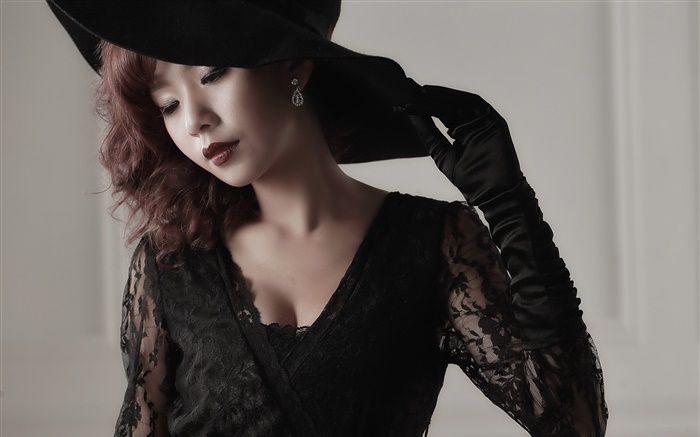 Robe noire Asiatique fille, maquillage, gants, chapeau Fonds d'écran, image