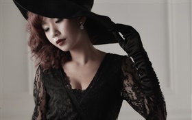 Robe noire Asiatique fille, maquillage, gants, chapeau HD Fonds d'écran