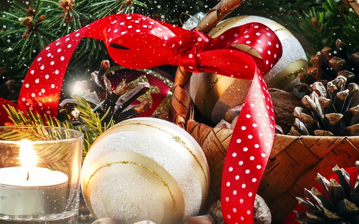 Noël, panier, bougie, décoration, noix, boules Fonds d'écran, image