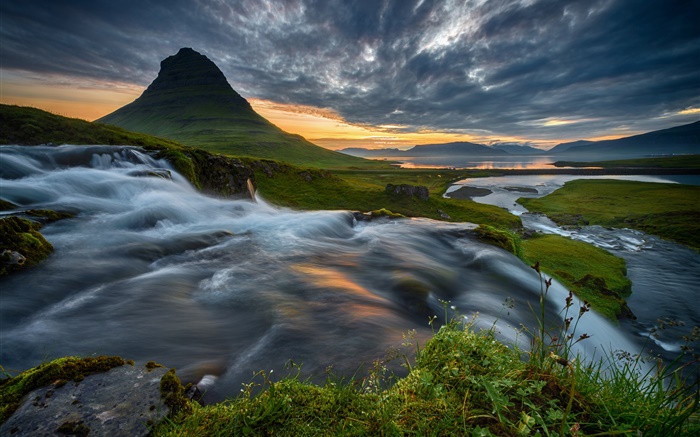 Islande, montagne, cascade, nuages, coucher soleil Fonds d'écran, image