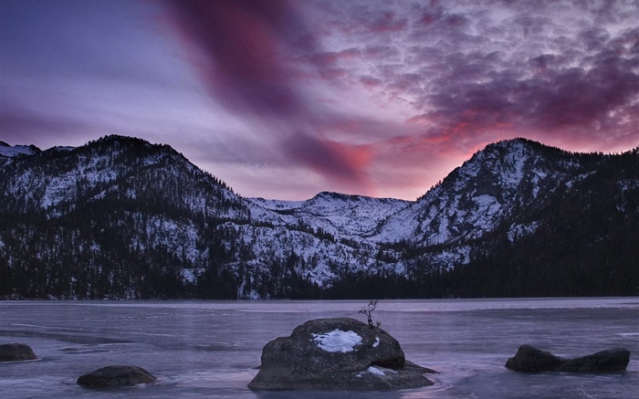 Lac, montagnes, pierres, crépuscule Fonds d'écran, image