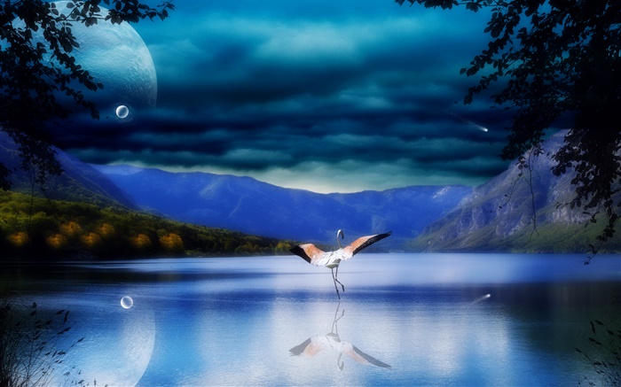 Lac, reflet de l'eau, montagnes, cigogne, ailes Fonds d'écran, image
