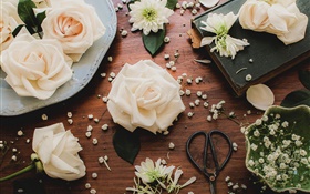 Rose, rose, fleurs, table, ciseaux HD Fonds d'écran