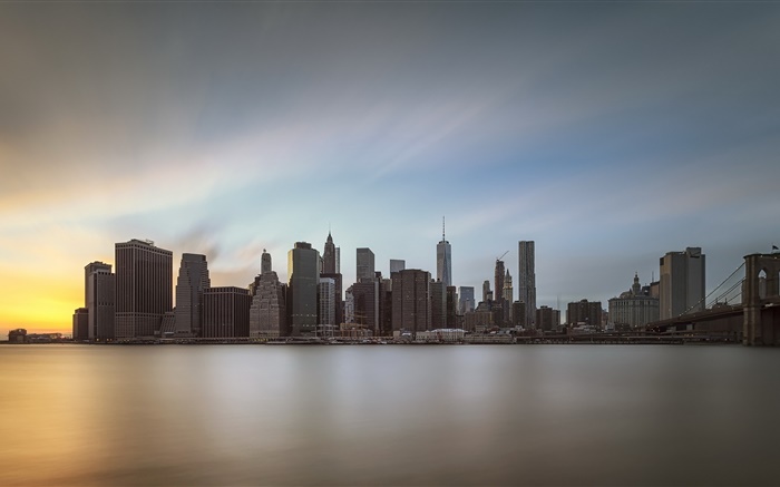 Manhattan, ville, crépuscule, eau, réflexion, USA Fonds d'écran, image
