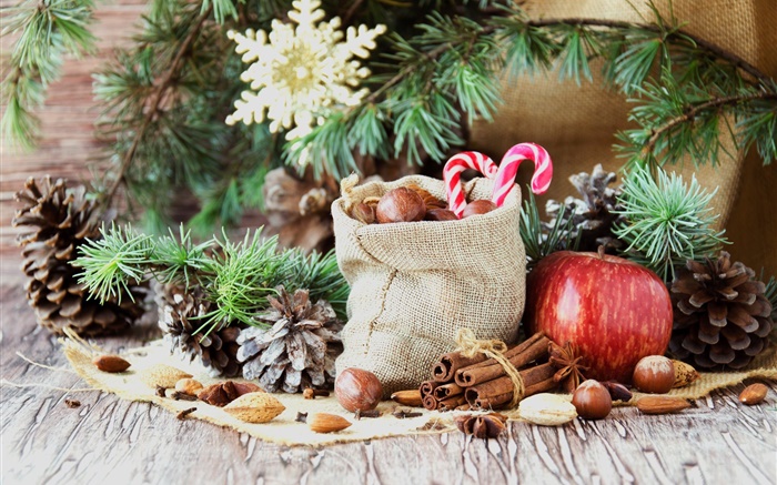 Joyeux Noël, sac, bonbons, pomme, noix Fonds d'écran, image