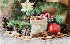 Joyeux Noël, sac, bonbons, pomme, noix