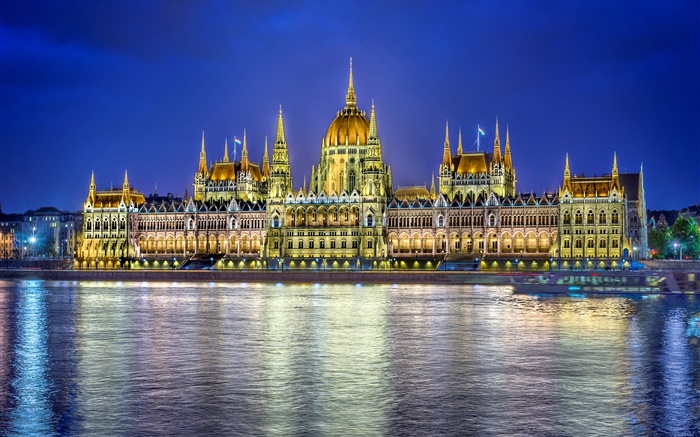 Parlement, bâtiment, eau, réflexion, lumières, Budapest, hongrie Fonds d'écran, image
