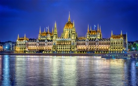 Parlement, bâtiment, eau, réflexion, lumières, Budapest, hongrie