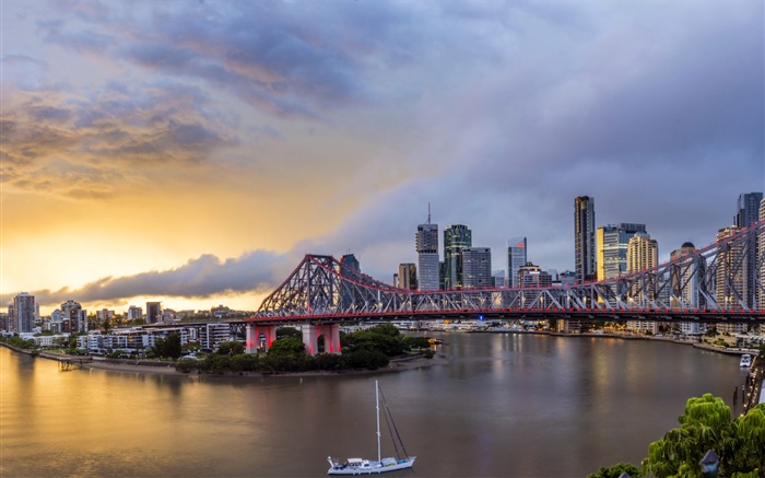 Queensland, Chinatown, Australie, rivière, pont, aube, bâtiments Fonds d'écran, image