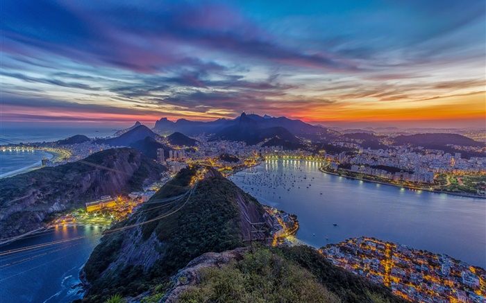 Rio de Janeiro, téléphérique, montagnes, ville, côte, nuit, lumières Fonds d'écran, image
