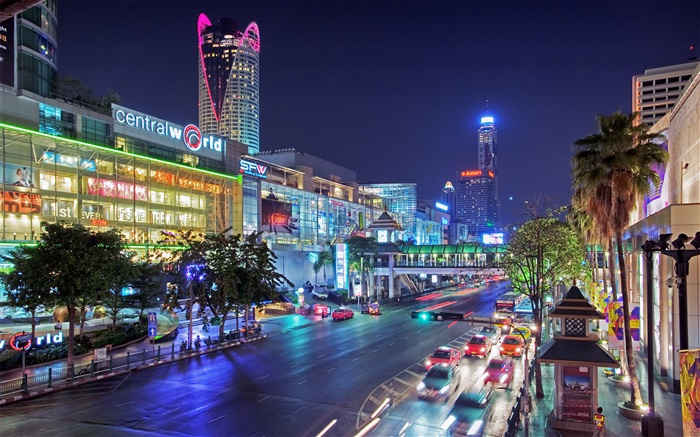 Bangkok, Thaïlande, ville, nuit, route, maisons, lumières Fonds d'écran, image