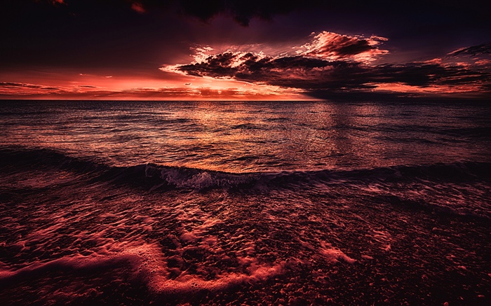 Mer, coucher de soleil, soir, style rouge Fonds d'écran, image