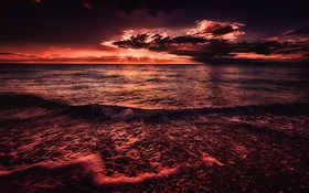 Mer, coucher de soleil, soir, style rouge HD Fonds d'écran