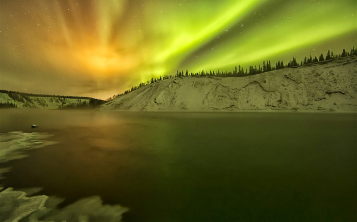Alaska, aurores boréales, lac, neige, hiver Fonds d'écran, image