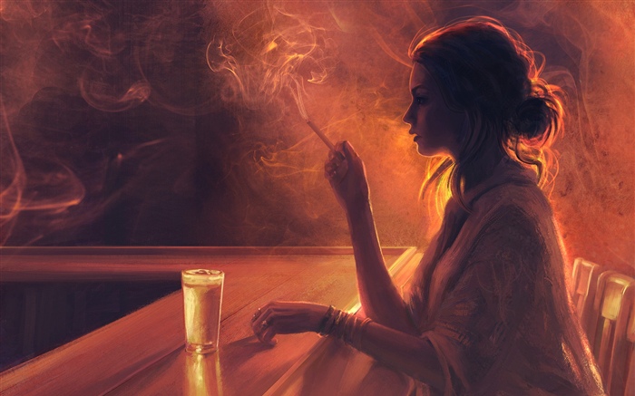 Fille au bar, cigarette, fumée Fonds d'écran, image