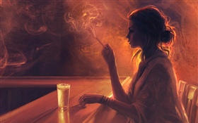 Fille au bar, cigarette, fumée HD Fonds d'écran
