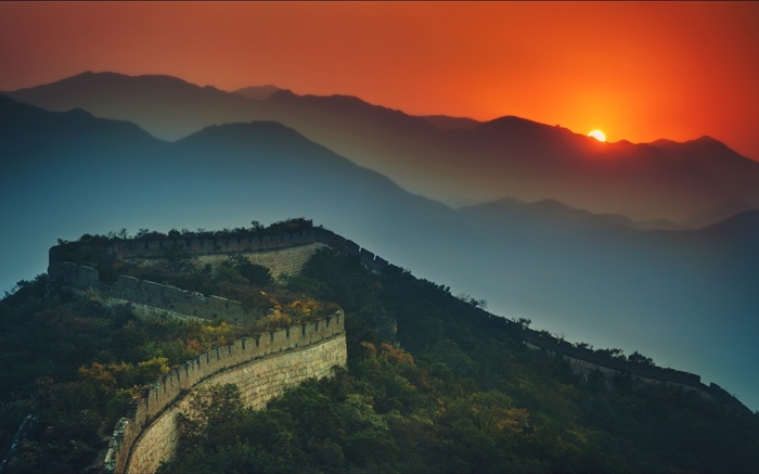 Grande Muraille, montagnes, coucher de soleil, crépuscule Fonds d'écran, image