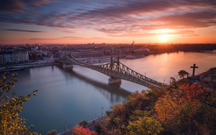 Budapest, Hongrie, rivière, pont, coucher de soleil Fonds d'écran, image