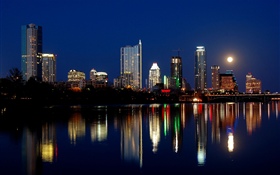 Austin, USA, nuit de la ville, gratte-ciels, lumières, rivière, lune