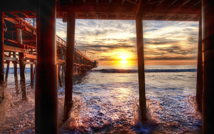 Plage, mer, jetée, coucher de soleil, Californie, Etats-Unis Fonds d'écran, image
