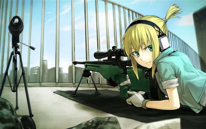 Anime girl blonde, yeux verts, tireur d'élite Fonds d'écran, image