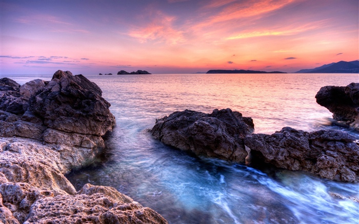 Côte, rochers, coucher de soleil Fonds d'écran, image