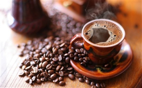 Grains de café, tasse, mousse, vapeur