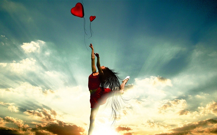 Danseuse, jupe rouge, coeur d'amour, nuages, rayons de soleil Fonds d'écran, image