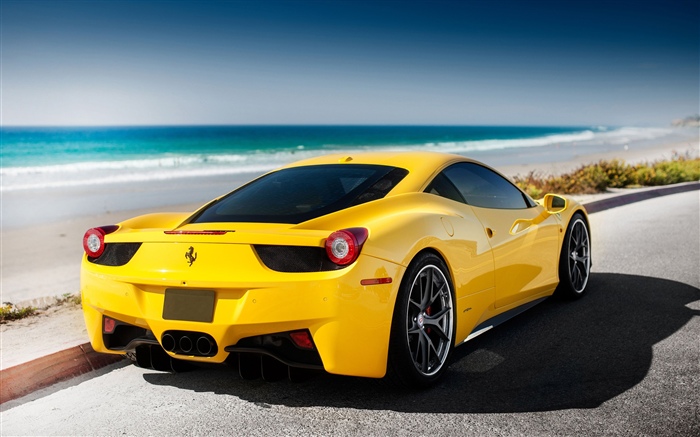 Ferrari voiture jaune, mer, plage Fonds d'écran, image
