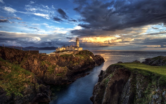 Irlande, phare, mer, rochers, coucher de soleil Fonds d'écran, image