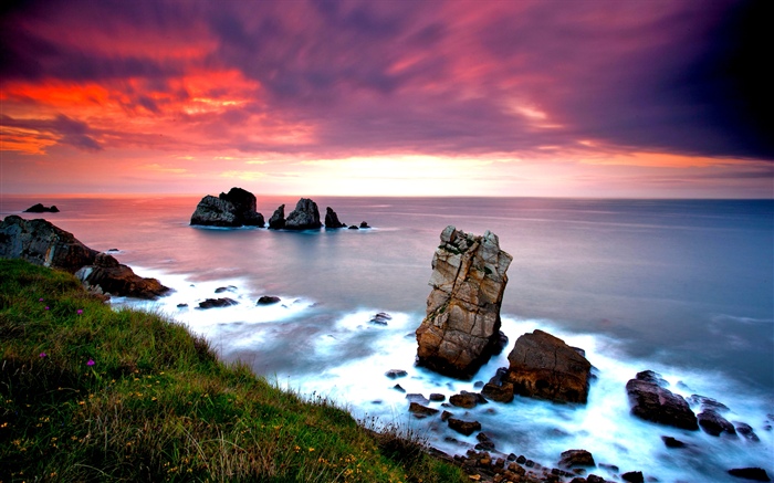 Paysage naturel, mer, rochers, coucher de soleil Fonds d'écran, image