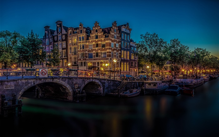 Amsterdam, Pays-Bas, pont, rivière, lumières, nuit Fonds d'écran, image