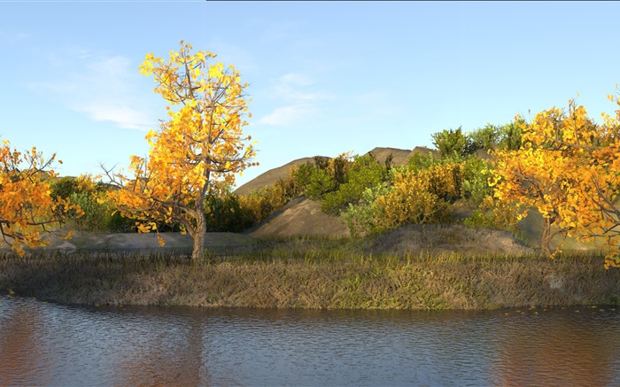 Automne, étang, arbres, feuilles jaunes Fonds d'écran, image
