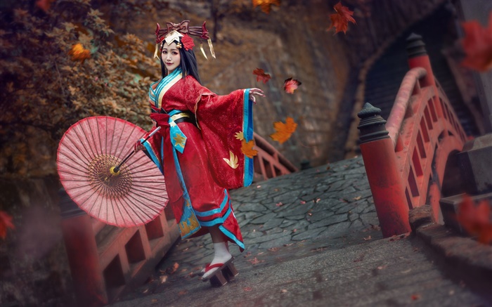 Robe rouge fille japonaise, kimono, pose Fonds d'écran, image