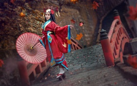 Robe rouge fille japonaise, kimono, pose HD Fonds d'écran