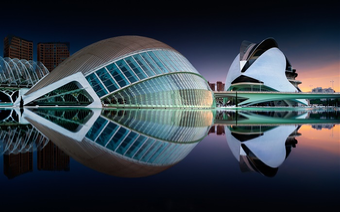Espagne, Valence, bâtiments, réflexion sur l'eau Fonds d'écran, image