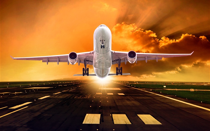 Avion, décollage, ailes, vue de face, nuages, lever de soleil Fonds d'écran, image