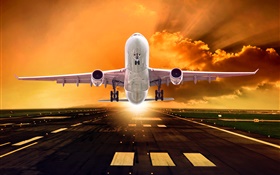 Avion, décollage, ailes, vue de face, nuages, lever de soleil HD Fonds d'écran